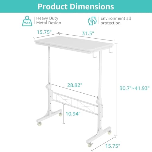 Small White Rolling Standing Desk with Wheels, 32 Inch Small Portable Adjustable Height Mobile Stand Up Desks for Treadmill Walking Pad & Teachers, Couch Sofa Side Laptop Table for Bedroom
