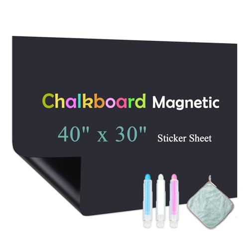 Chalk Board Contact Paper with Adhesive, 40" x 30" Magnetic Chalkboards for Wall, Wallpaper Sheets for Office for School and Kids, Includes Liquid Chalks Markers and Dishcloth and Magnet