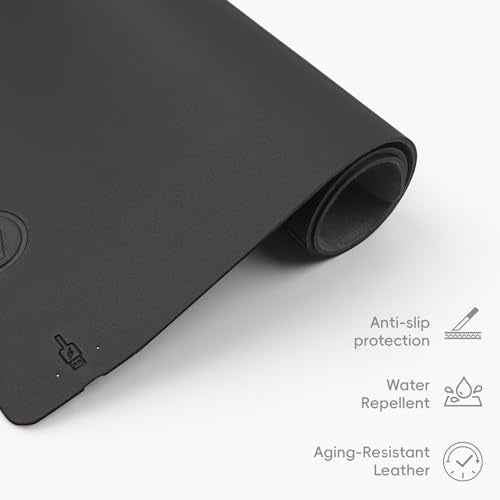 Mouse Pad with Wireless Charging, PU Leather Fast Charging Gaming Mouse Pad, Waterproof Anti-Slip Surface, Easy Clean Office Table Mat, 32L x 16W x 0.15H inches, Black(Right Side Charging Port)