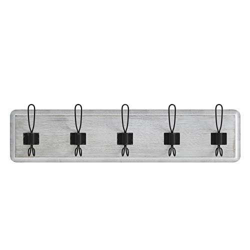Flash Furniture Daly Wall Mounted Storage Rack - Whitewashed Solid Pine Wood - 24 Inch - 5 Hanging Hooks - For Entryway, Kitchen, Bathroom