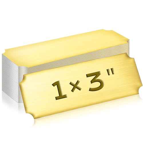Therwen 30 Pcs Name Plates Laser Engraved Brushed Stainless Steel Plate Personalized Plaque Blank Custom Name Tag Frame Label with Adhesive Backing(Gold Notched Corner,1''x 3'')