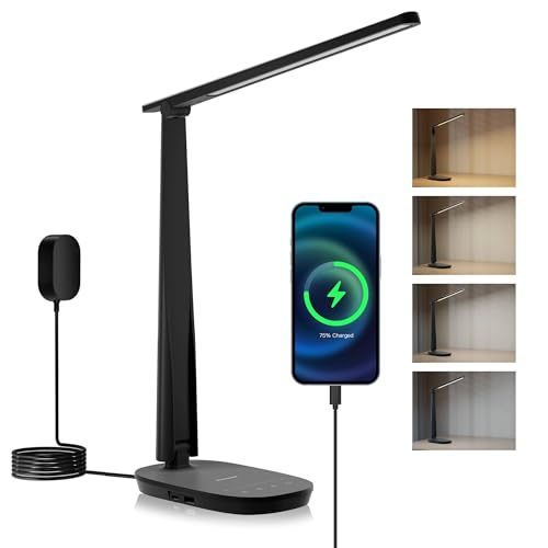 HONEYWELL LED Desk Lamp - HWT-H2 Sunturalux¢â Eye-Caring Foldable Desk Light with USB A+C Dual Charging Port 4 Color Modes Dimmable Table Lamp for Home Office Bedroom Reading Study Work - Black