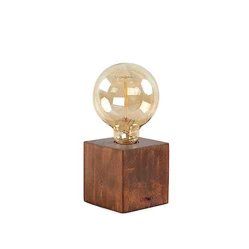 Cubic Handmade Edison Lamp with Wood Base Holder, Industrial Minimal Desk Lamp with Brass Dimmer, Dimmable Decorative Lamp for Home Lighting Decor, Housewarming Gift, Light Brown
