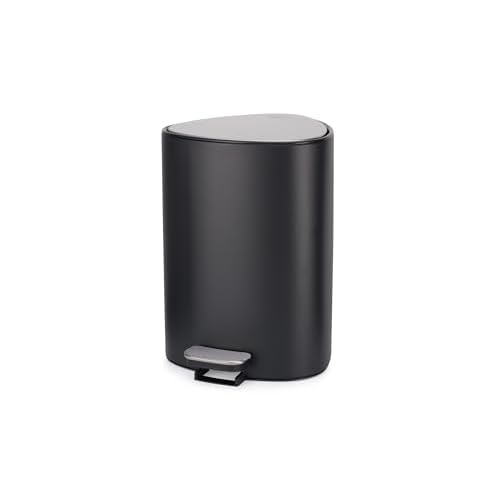 Joseph Joseph EasyStore Stainless Steel 5 Liter/1.3 Gallon Pedal Trash Can with Bin Liner Storage, Soft-Close Lid, Removable Inner Bucket, for Bathroom, Bedroom, Office, Matt Black