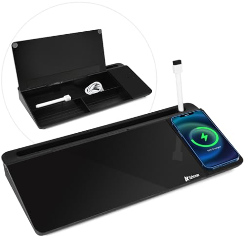 Varhomax Glass Desk Whiteboard Black with Wireless Charger, Desktop Dry Erase White Board with Storage,to Do List Memo Notepad for Home and Office
