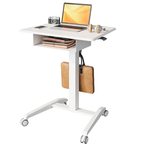 JOY worker 27.5" White Mobile Standing Desk with Drawer – Height adjustable, 360° wheels