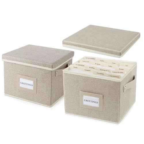 Greeting Card Organizer Box with 16 Dividers,Collapsible Greeting Card Storage Box with Handles Hold 150+ Cards,Greeting Card Holder for Greeting Cards,Sticker, Recipes, Photo, Envelope (Beige, 2 pcs)