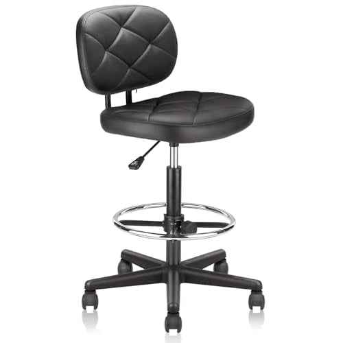 PU Leather Rolling Bar Stool with Wheels and Back, Tall Drafting Stool with Adjustable Height and Footrest, Multi-Purpose Office Desk Chair for Home Kitchen Shop Work, Black (1PK)