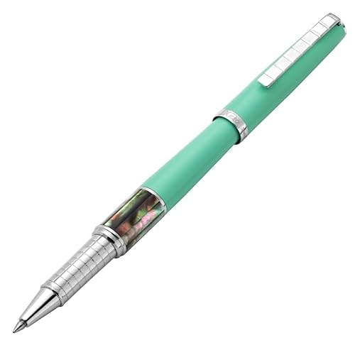 Xezo Speed Master Fine Rollerball Pen. Matte Aqua Green with Tahitian Black Mother of Pearl. Chrome Plated. Lightweight Brass Body. No Two Alike. Etched With a Serial Number