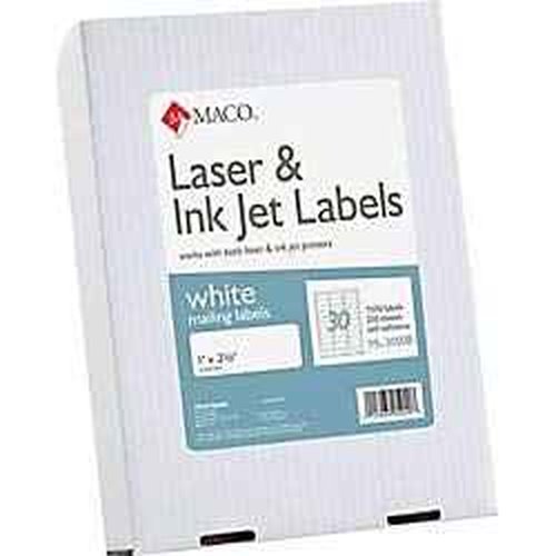 MACO White Laser/Ink Jet Address Labels, ML-3000B, Permanent Adhesive, 1"W x 2 5/8"L, Rectangle, White - 30 Per Sheet, Box of 7,500