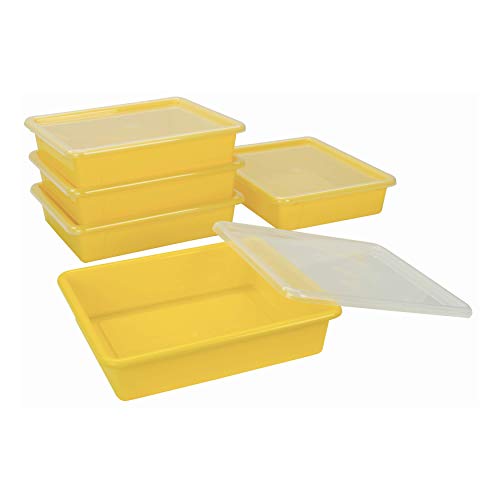 Storex Letter Size Flat Storage Tray ? Organizer Bin with Non-Snap Lid for Classroom, Office and Home, Yellow, 5-Pack (62538A05C)
