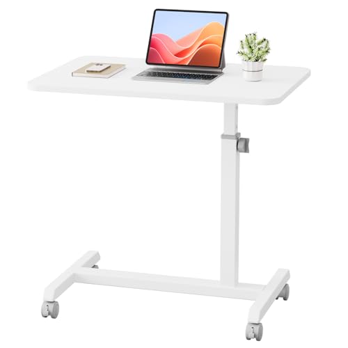 GTRACING Mobile Small Standing Desk, Sit Stand Portable Rolling Laptop Desk with Lockable Wheels, Adjustable Height Overbed Bedside Table Computer Workstations, White