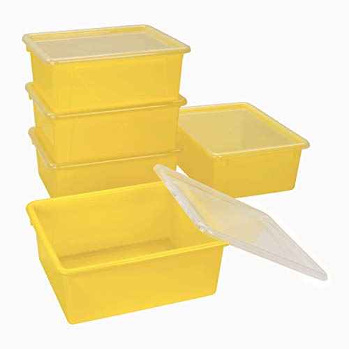 Storex Letter Size Deep Storage Tray ? Organizer Bin with Non-Snap Lid for Classroom, Office and Home, Yellow, 5-Pack (62546U05C)