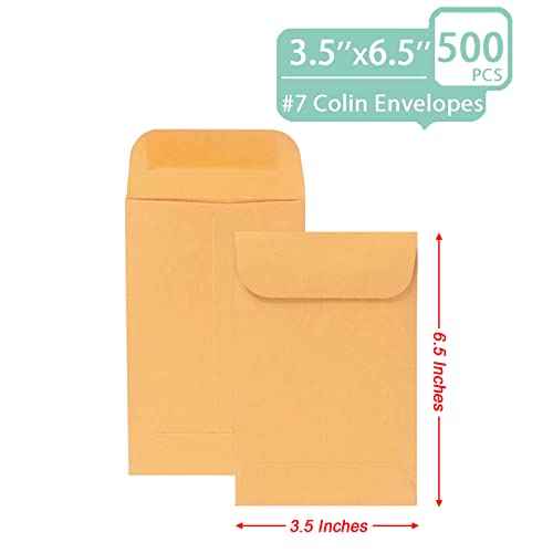 500 PCS #7 Coin Envelopes, 3.5 x 6.5 inches Brown Kraft Envelopes Classic Small Parts Envelopes with Self Adhesive Gummed Flap for Coins, Cash, Credit Cards, Seeds