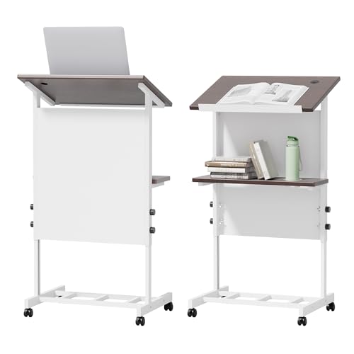 LayBurst Podium Stand Portable Lectern with 7-Position Height, Cup Holder & Shelf - White