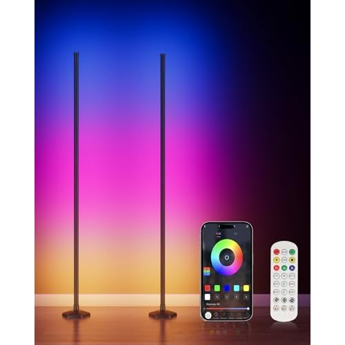 2PCS RGB Floor Lamp, Bluetooth APP and Remote Control 65" Smart Modern Standing Lamp Music Sync 16 Million DIY Colors Changing LED Floor Lamp with Heavy Base