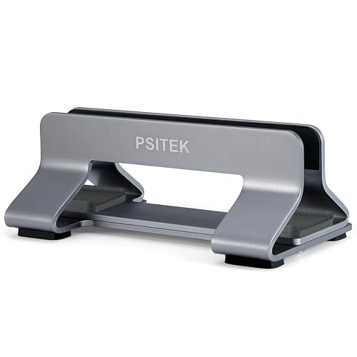 Psitek Space Gray Aluminum Vertical Laptop Stand Dock Holder - 1 Slot, Adjustable Width 12-42mm