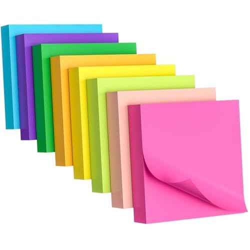 Sticky Notes 3x3 Inch, 8 Pads, 800 Sheets, 8 Bright Colors Sticky Note Pad, Bulk Self-Stick Pads, Home Office School Supplies, Clean Removal, Recyclable, Easy to Post for Notebook, 100 Sheets/Pad