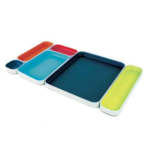 Three by Three Seattle 6 Piece Metal Organizer Tray Set for Storing Makeup, Stationery, Utensils, and More in Office Desk, Kitchen and Bathroom Drawers (1 Inch, Assorted Colors, Stripes)