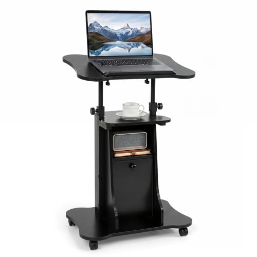 GIANTEX Mobile Podium Stand Sit-to-Stand Laptop Cart (Black, 1 Pack)