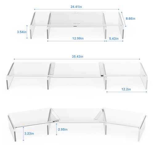X-cosrack Clear Acrylic Monitor Stand Riser, 3 Shelves Adjustable Dual Monitor Stand with Anti-Slip Mat, Premium Desk Organizer for Home Office, Laptops, PCs, Printers, TVs