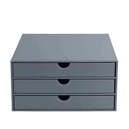 PU Leather Desk Organizer with 3 Drawers,Executive Office Supplies Desktop Filing A4 File Cabinet/Holder for Jewelry/Bill/Paper/Documents/Makeup Home Decor Stationery Storage Box,Grey