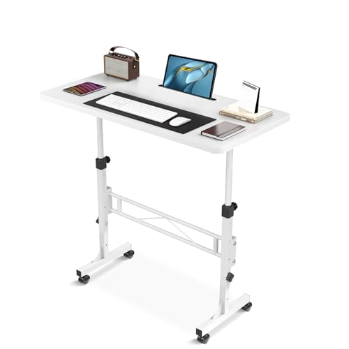 KLSMYHOKI Small Standing Desk with Wheels, Computer Desk Adjustable Height, White Rolling Stand Up Table, Portable Home Standing Desk 32 in X 16in Adjustable Height 27 in - 44 in