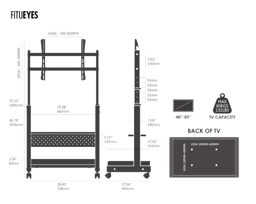 FITUEYES Walnut Rolling TV Stand Mount for 40-85in TVs with Wooden Shelf