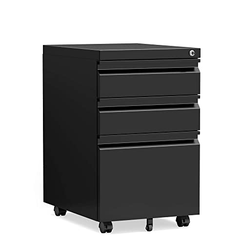 STANI 25" H 3-Drawer Mobile File Cabinet with Lock, Black, Under-Desk Locking Office Cabinet