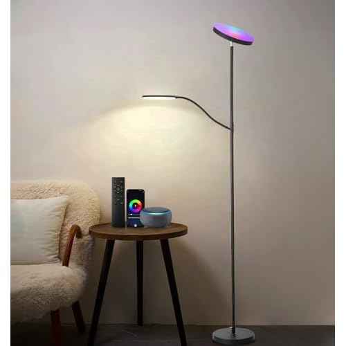 Floor Lamp , Dimmable RGB Floor Lamp,24W/2000LM Main Light and 10W/350LM Side Reading Lamp, Adjustable 3 Colors 2700K/4000K/6500K Tall Lamp with Remote & Touch &APP Control for Living Room Bedroom