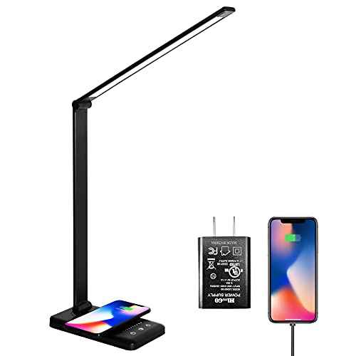 LED Desk Lamp with Wireless Charger,Eye-Caring Table Lamps,Stepless Dimmable Office Lamp with USB Charging Port,Touch/Memory/Timer Function,25 Brightness Lighting,Foldable Lamp