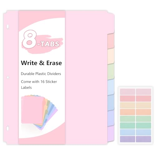 Pink 8.5 x 11 Inch 8-Tab Write & Erase Plastic Dividers for 3-Ring Binders