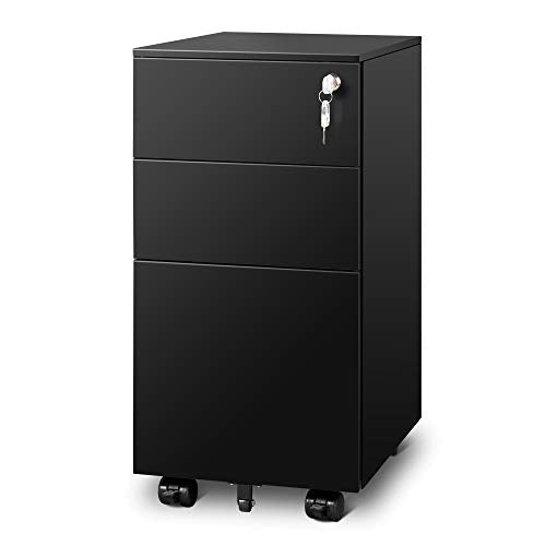 Devaise 3-Drawer File Cabinet with Lock, Fully Assembled Except Casters – Black, 11.8W x 17.1D x 23.6H