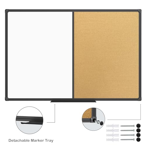 JILoffice 36 x 24 Inch White Board & Corkboard Combo Wall Mount Magnetic Whiteboard with Black Aluminum Frame and 10 Push Pins