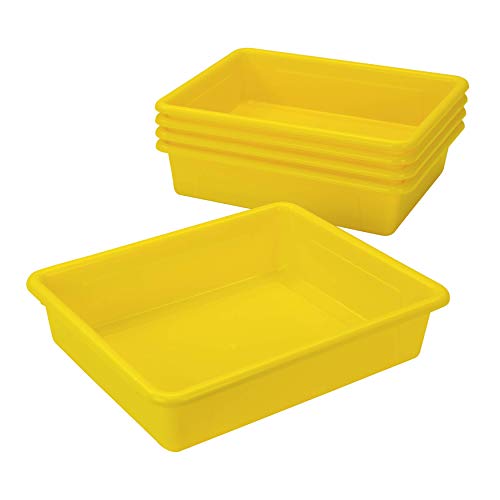 Storex Letter Size Flat Storage Tray ? Organizer Bin with Non-Snap Lid for Classroom, Office and Home, Yellow, 5-Pack (62538A05C)