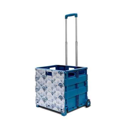 Inspired Living Ultra-Slim Rolling Collapsible Storage Pack-N-Roll Utility-carts, with Telescopic Handle, for Home, Garden, Shopping, Office, School use, Large, Blue, Wave Print
