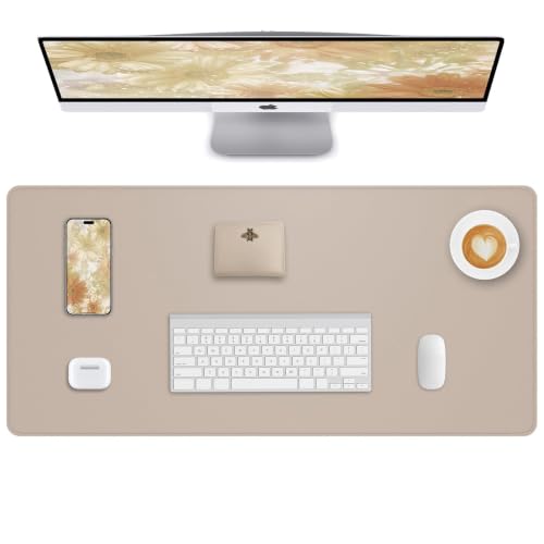 AFIING Beige Desk Pad Protector 23.6x13.7 Inches Waterproof Non-Slip PU Leather
