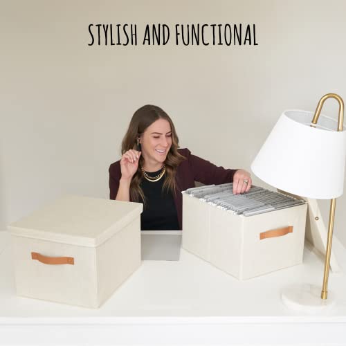 Ivory Linen File Organizer Box Set of 2 - Collapsible Desk & Office Storage
