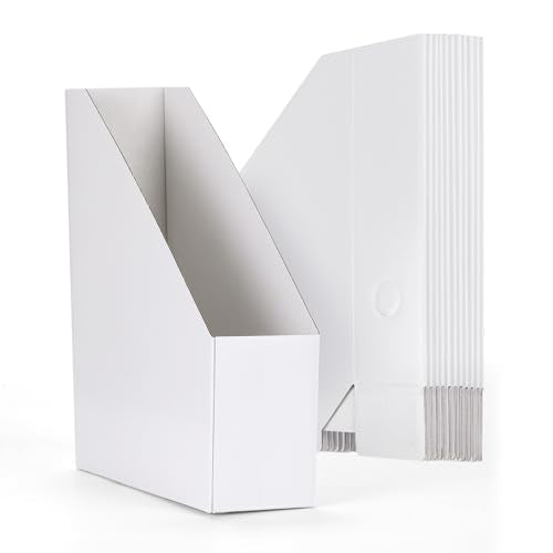 EXYGLO 12 Pack White Magazine File Holder, Foldable Cardboard Magazine Rack 9.9x3.3x12 Inches (With 12 Labels) – Office & Desk Organizer
