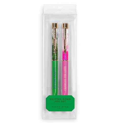 Steel Mill & Co Glitter Bomb Pen Set of 2, Wicked-Inspired Ballpoint Pens with Quotes, Sparkling Pens with Black Ink, Giftable Office Supplies (Pink and Green)