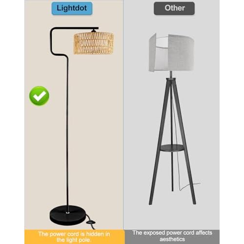 Lightdot 62IN Arc Rattan Floor Lamps for Living Room, Boho Standing Lamp with Rattan& Linen Double Lampshades, E26 3000K Soft Warm White Bohemian Caged Floor Lamp for Bedroom, Office-Black