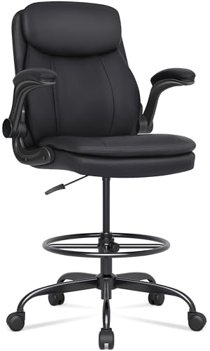 Misolant Black Drafting Chair for Standing Desk - Tall Leather Office Chair with Adjustable Height & Flip-up Armrest