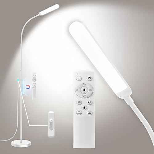 White LED Floor Lamp, 18W 1800lm Super Bright Dimmable Floor Lamps for Living Room Bedroom with Timer, Stepless Adjustable 2700K-6500K Colors & Brightness Standing Lamp with Remote & ON/Off Switch