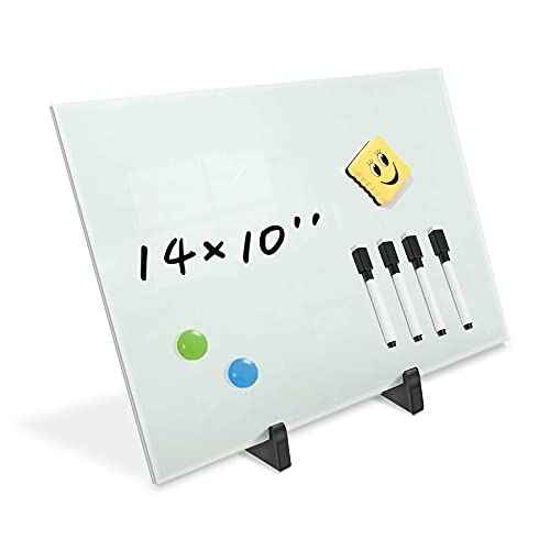 Magnetic Small Glass Whiteboard Desktop, ZHIDIAN 14x10 Portable Tempered Glass Dry Erase Board Panel with Adjustable Stand for Desk, Tabletop Glass Writing Board Easel for Office Home