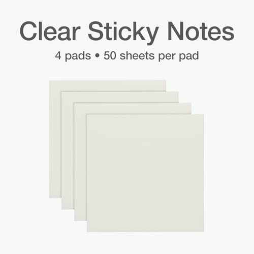 Redi-Tag Translucent Sticky Notes, Transparent Self-Stick Notes, 3" x 3", 4 Pads, 50 Notes Per Pad, 200 Sheets (1006596)