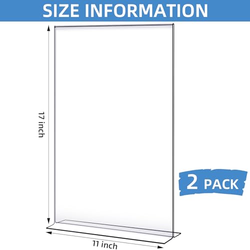 2 Pcs 11x17 Inch Acrylic Sign Holder Clear Menu Display Stand Literature Flyer Poster Frame Pricing Flyer Letter Notice Photo Table Tent Double Bottom Loading Sided for Tabletops(11x17 Inch)