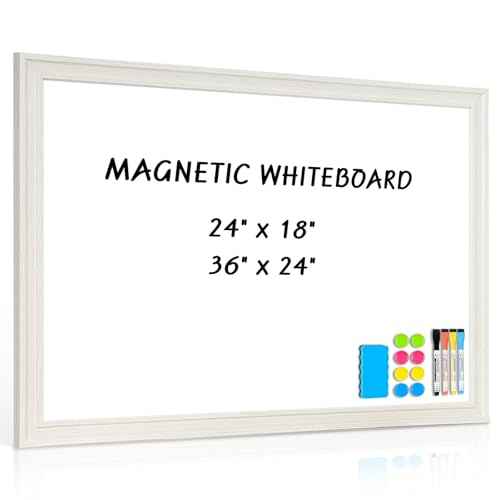 White Board for Wall, 24'' x 18'' Magnetic Dry Erase Board, Decorative Whiteboard with White Vintage Wooden Frame, Hanging Writing Board for Home Office School Dorm