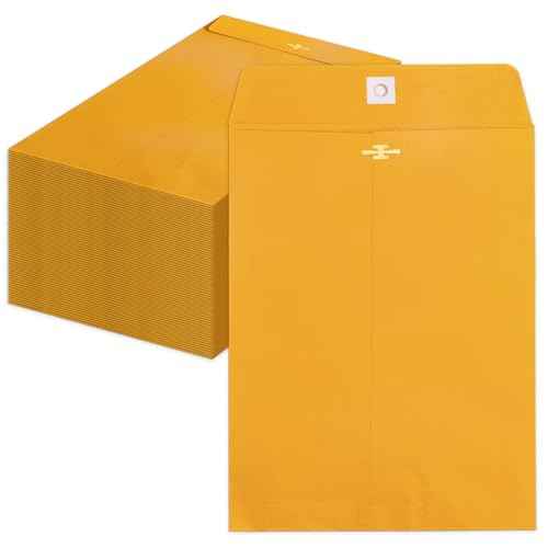 Clasp Envelopes 10x13, 100 Pack Goefun Brown Yellow Manilla Envelopes 10x13-100GSM Heavy Kraft Paper, with Clasp and Gummed Seal for Mailing