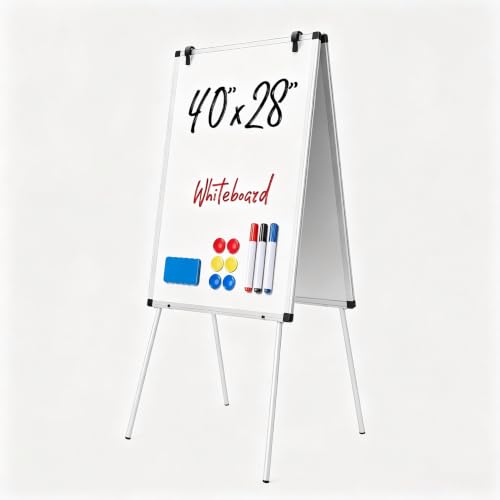 DUMOS White Magnetic Dry Erase Board with Silver Frame, 40x28 Inches, Adjustable Easel Stand