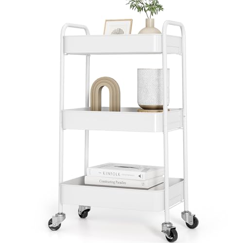 TOOLF White 3-Tier Metal Rolling Utility Cart - Heavy Duty, Tool-Free Assembly